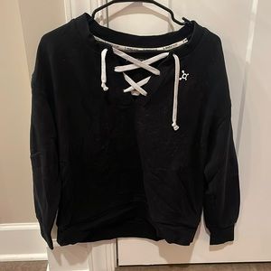 Black Orangetheory crew neck sweatshirt with criss-cross tie